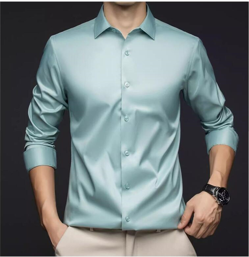 Mens Satin Silk Dress Shirt - Heren Professionele Overhemden met Lange Mouwen