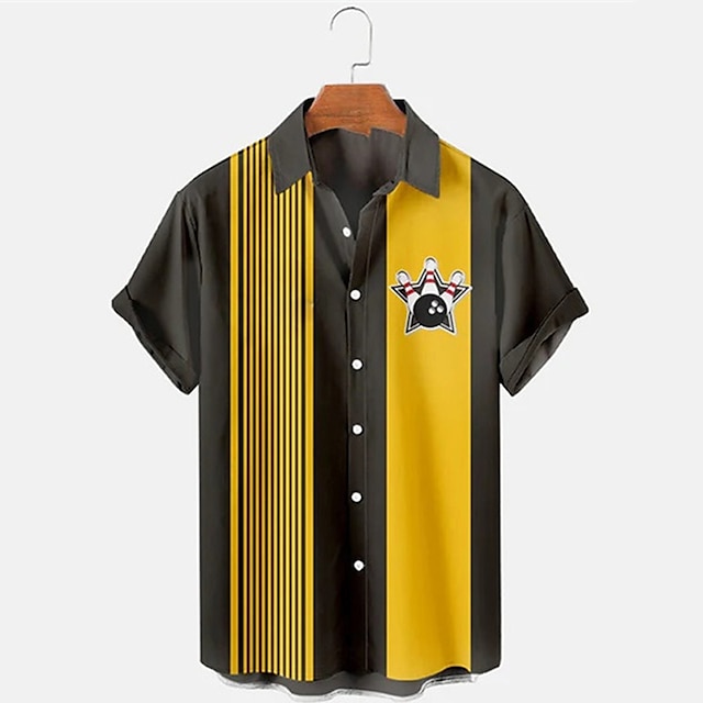 Short Sleeve Bowling Shirt Retro - Heren gestreept bowlingpatroon print overhemd met