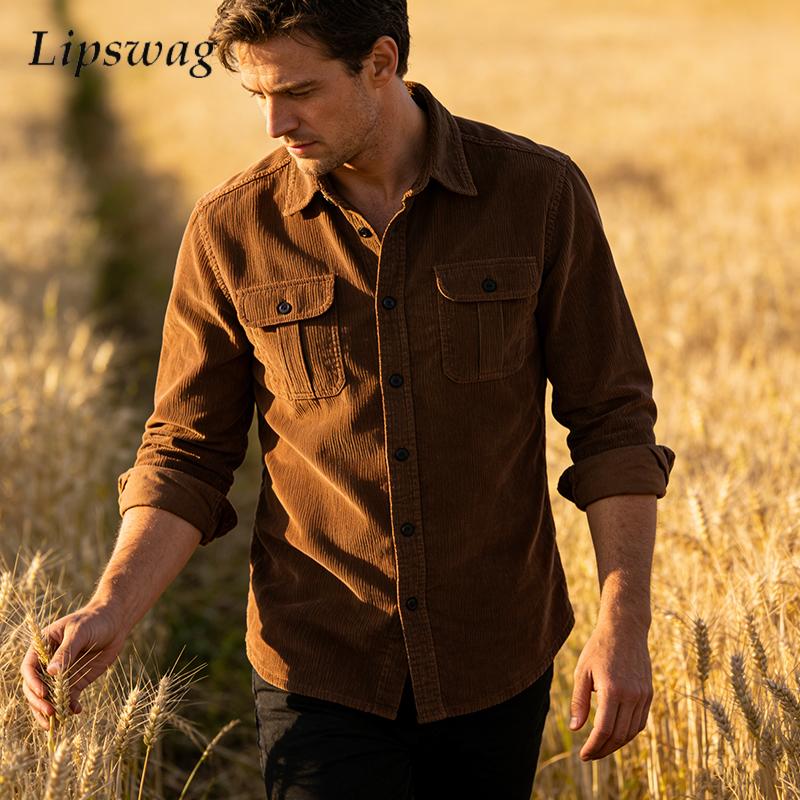 Corduroy Button Up Shirt Men - Vintage Effen Kleur Corduroy Shirt Jassen