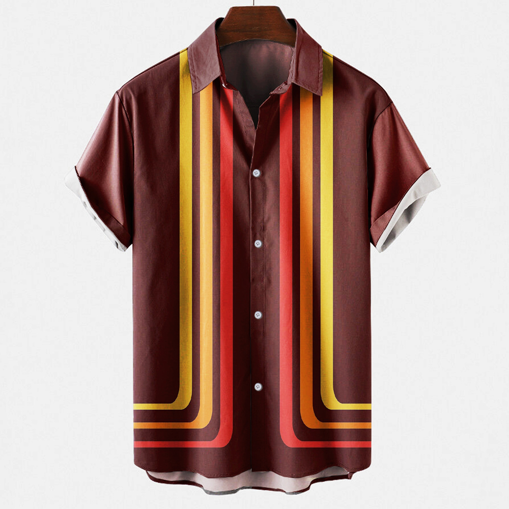 Short Sleeve Bowling Shirt Retro - Vintage retro gestreept bowlingshirt met kleurblokken,