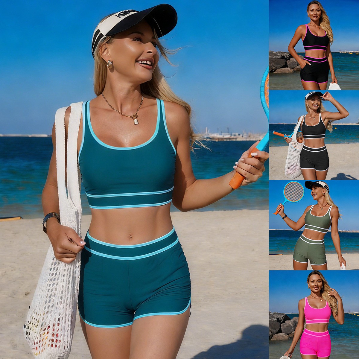 Shorts - Olijfgroene bikini, mouwloos crop top, hoge