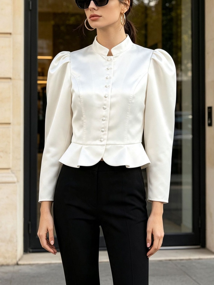 Mandarin Collar Formal Shirt Slim Fit - Peplumblouse met lange mouwen, pofschouders, mandarijnkraag,