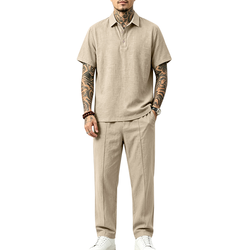 Mens Linen Shirt Long Sleeve - Heren 2-delige poloset met korte mouwen,