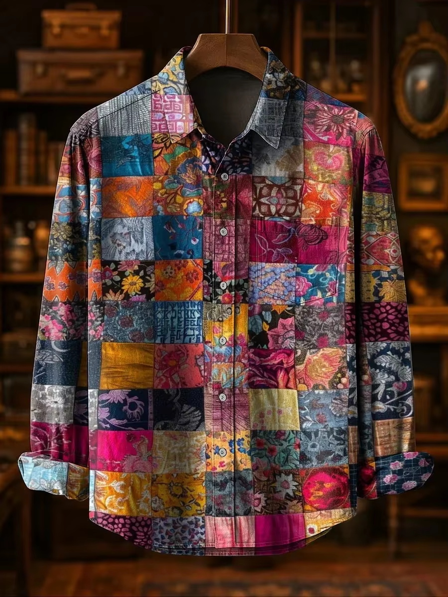 Mens Linen Shirt Long Sleeve - Herenmode Casual Mode Patchwork Design Linnen
