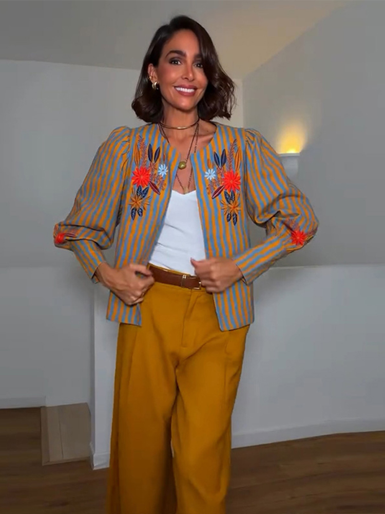 Jackets - 2026 Vroege herfst gestreept bloemenborduurjack met