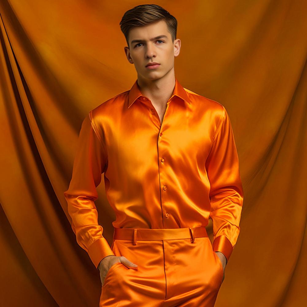 Blauw Oranje Rood Geel Satijn  - Mens Satin Silk Dress Shirt recensie en prijs