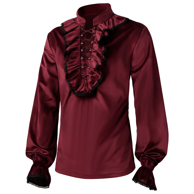 Red Lace Up Ruches Lantaarn Mo - Medieval Gothic Lace Up Pirate Shirt recensie en prijs